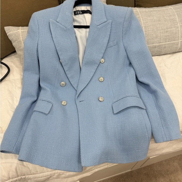 Zara Jackets & Blazers - Zara Women's Light Blue Double-Breasted Blazer